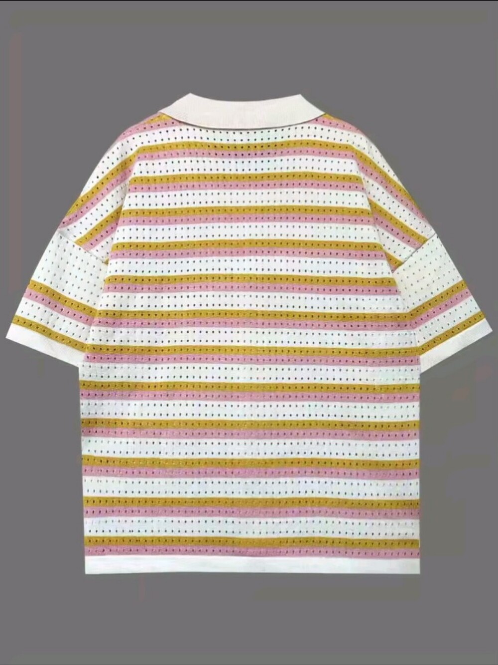 Summer Women'S Hollow Striped Knitted 2 Pieces Set Short Sleeve Flip Collar - Picture 6 of 7